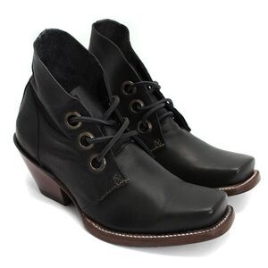 FLUEVOG "The Simon" Women's Black Leather Ankle Boots with Leather Laces, 9.5
